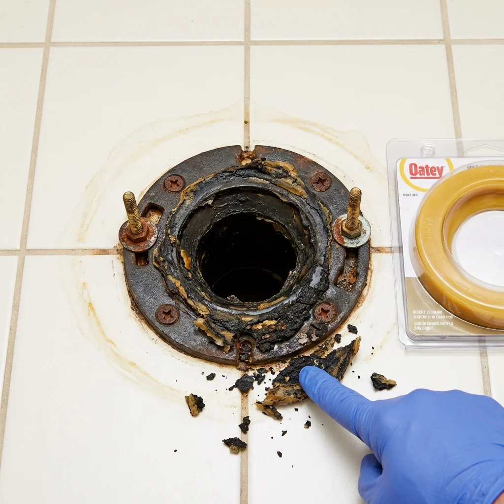 Failed wax ring showing water seepage at the base of a toilet in a Clyde, NC home